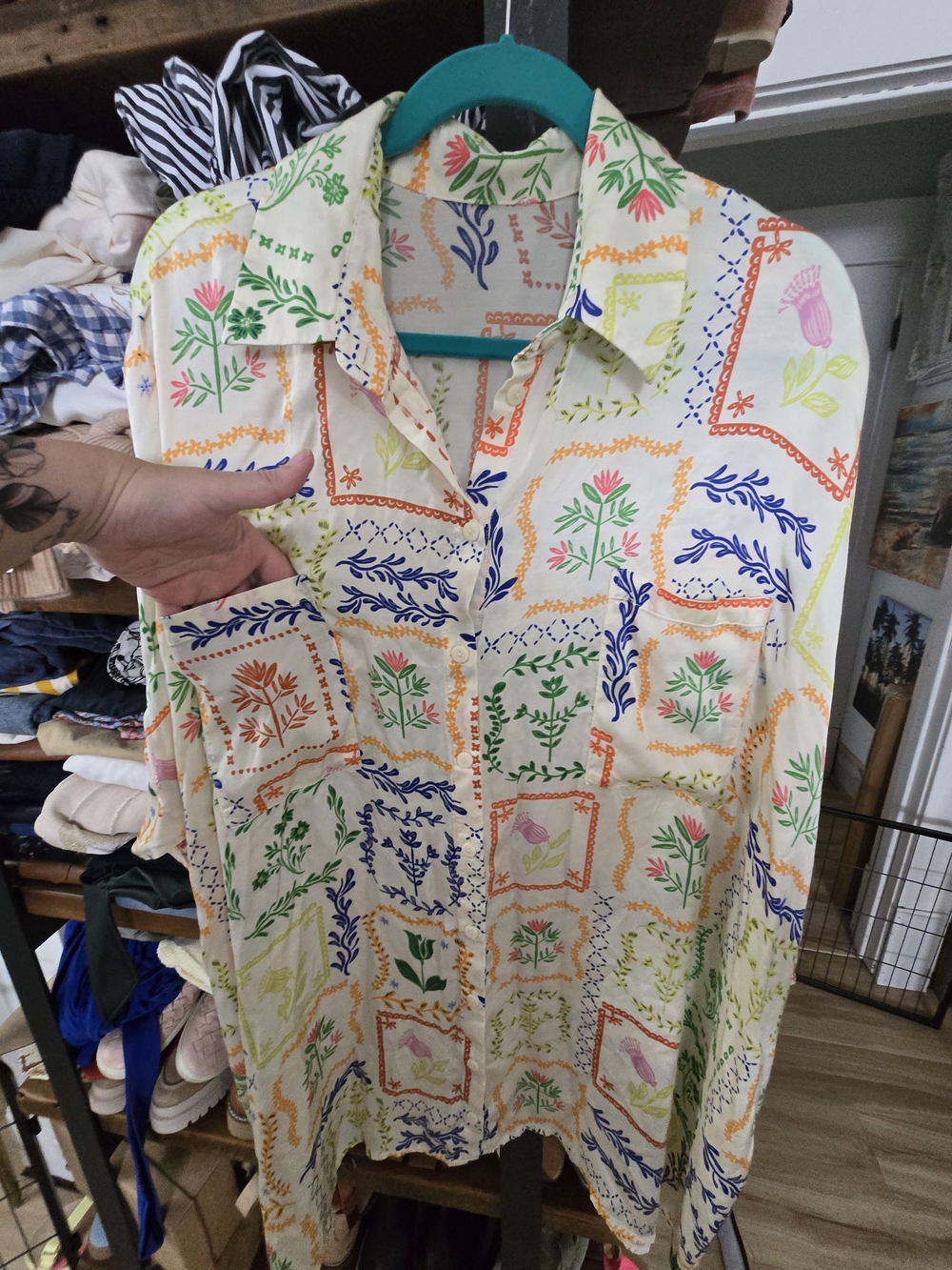 Anthropologie Cream Multi-Color Printed Button-Up Shirt Dress - Picture 3 of 6